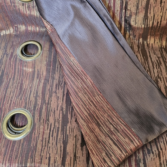 Two panels burgundy gold tafetta 8 bronze grommet drapes 52x91.5 inches. - Picture 3 of 7